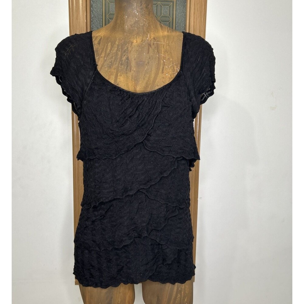 White House Black Market Tiered Pointelle Sweater Medium Black Cap Sleeve Ruffle